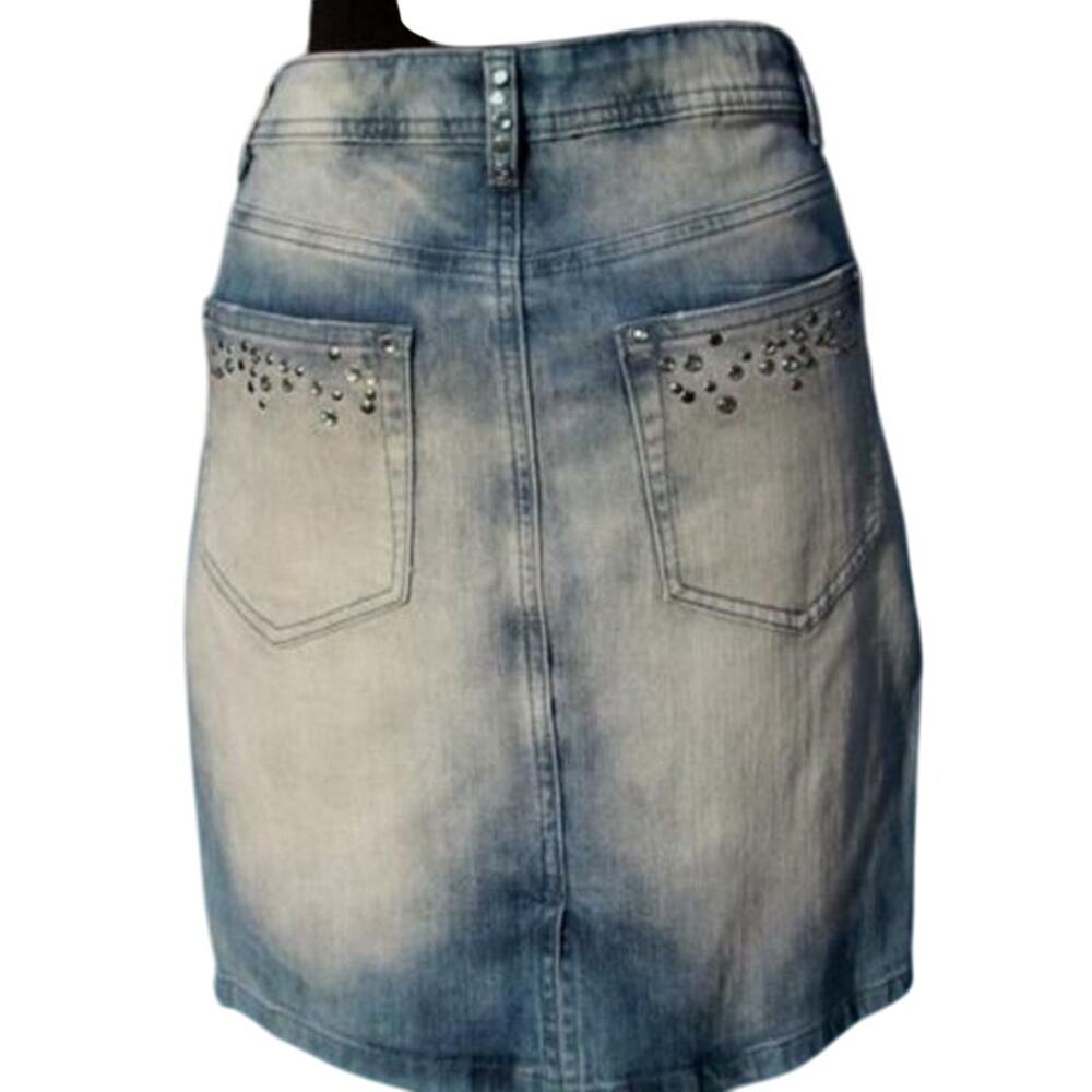 Cache Denim Rhinestone Metal Stud Skirt Slight Distress Stretch New $98 NWT